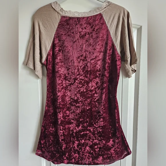 Maroon Velvet Top with Lace Embellishment - Picture 2 of 4